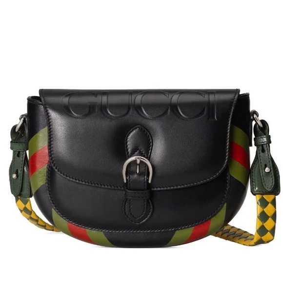 New Gucci Crossbody Embossed Black Leather Braided Yellow Bag Logo - Picture 2 of 11